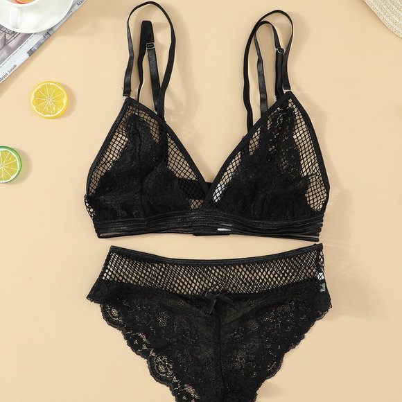 Lace Mesh Patchwork Bralette Lingerie Set - Picture 12 of 13